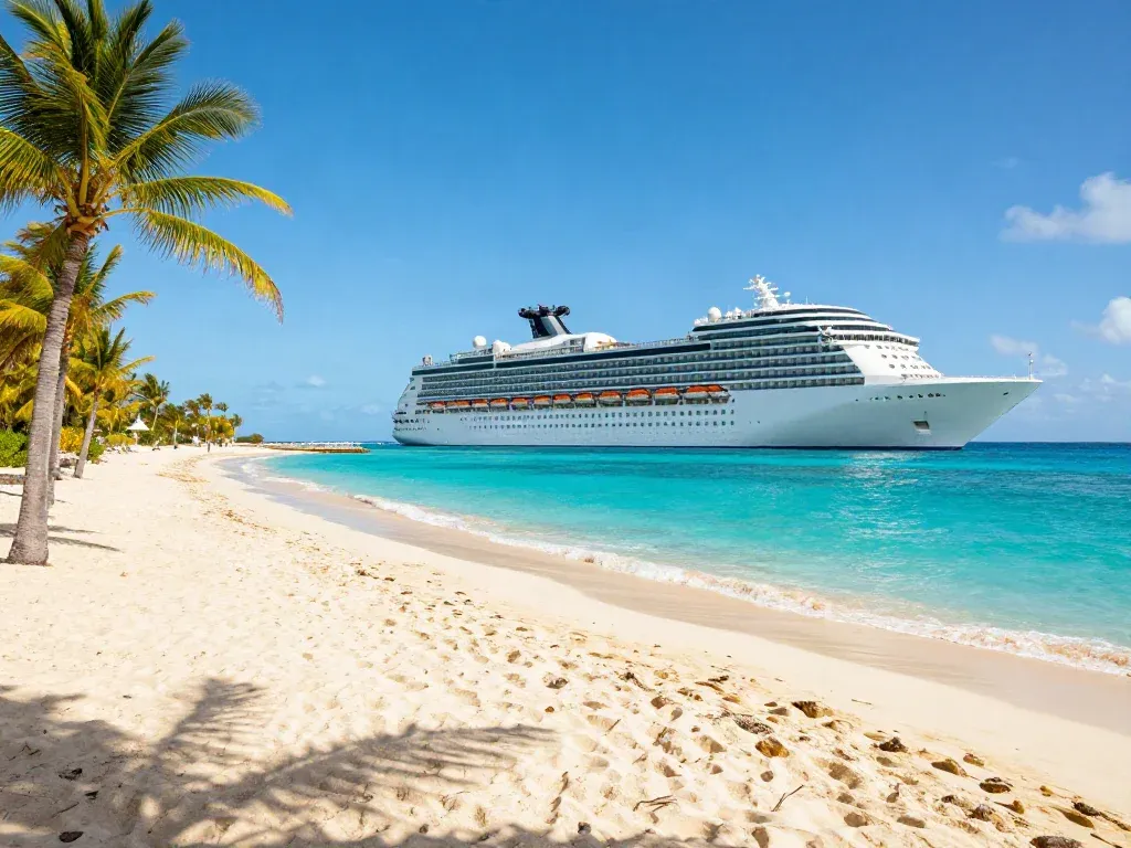 A cruise ship anchored off a palm-lined Caribbean beach with turquoise water