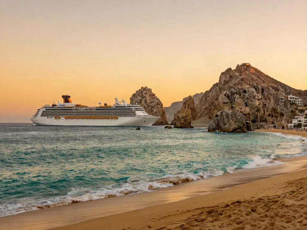 A cruise ship off the Mexican Riviera coastline at sunset with rocky headlands