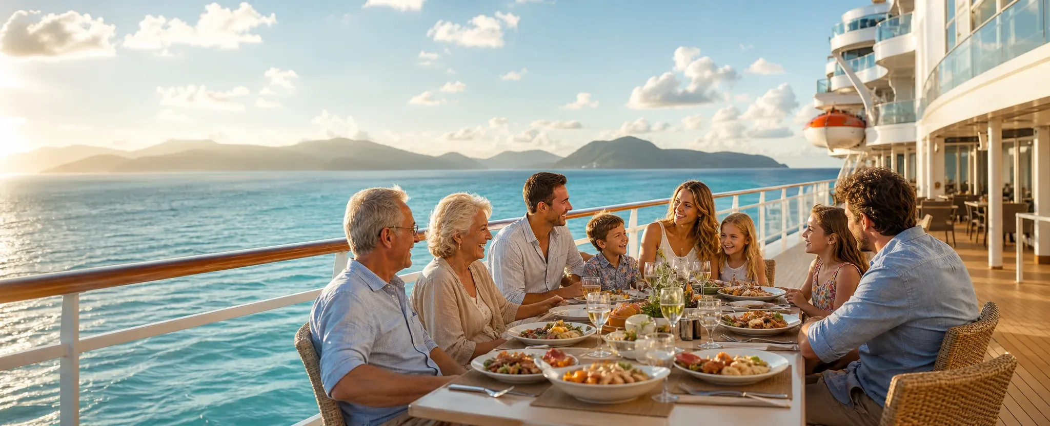 Three generations of a family sharing a meal at a long table on the open deck of a cruise ship, with turquoise ocean and islands behind them